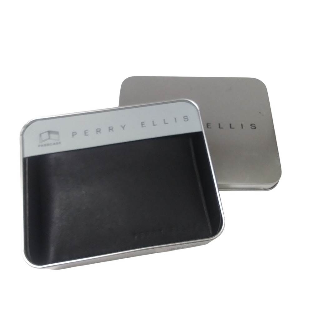 Perry Ellis Mens Black Leather Bifold Passcase Wallet with‎ Metal Gift Tin